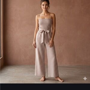 House of Harlow 1960 Cream & Tan Gingham Tie-Waist Wide-Leg Jumpsuit